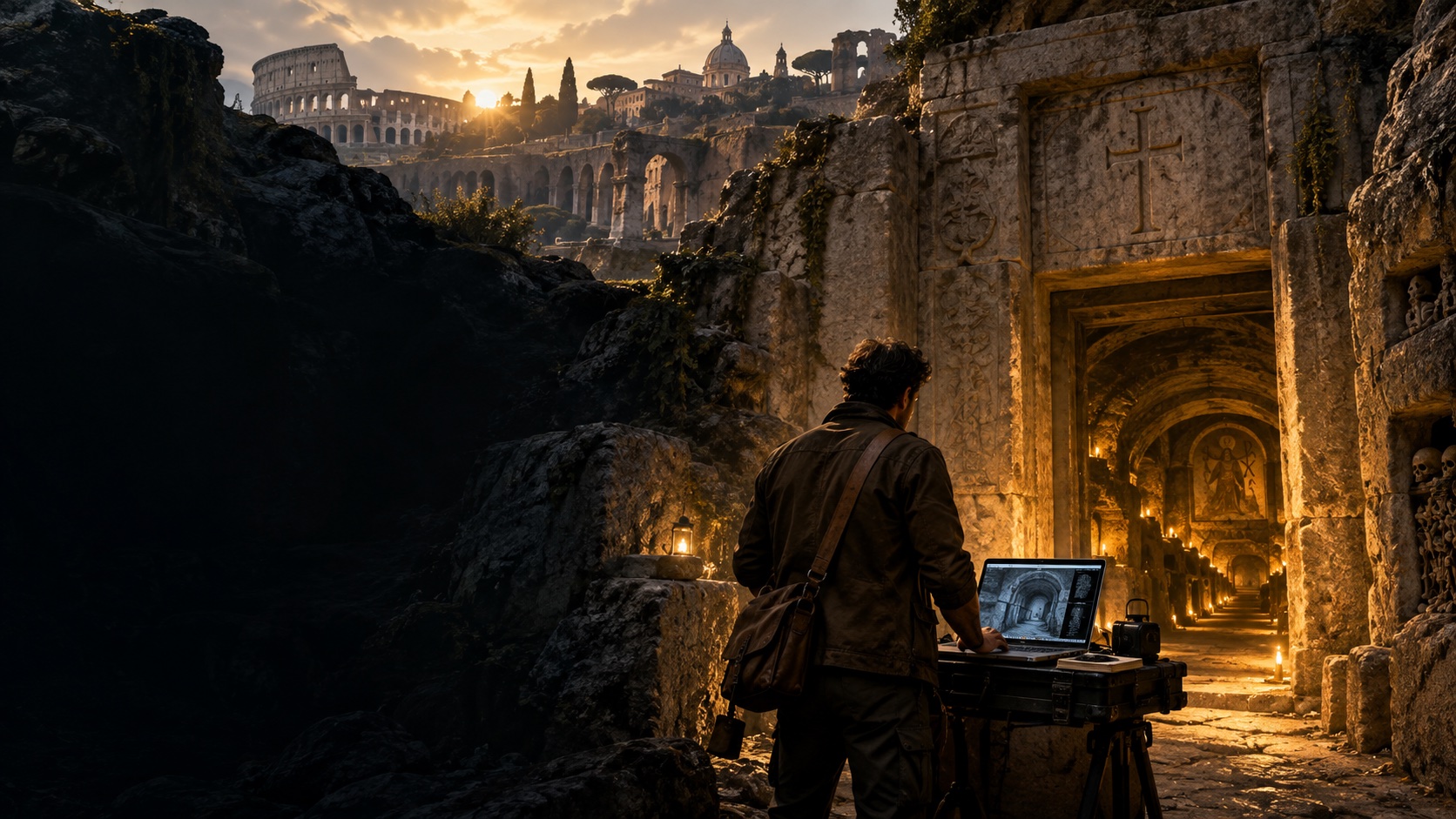 Cinematic visualization of Christian entering a golden catacomb with his MacBook and explorer's satchel