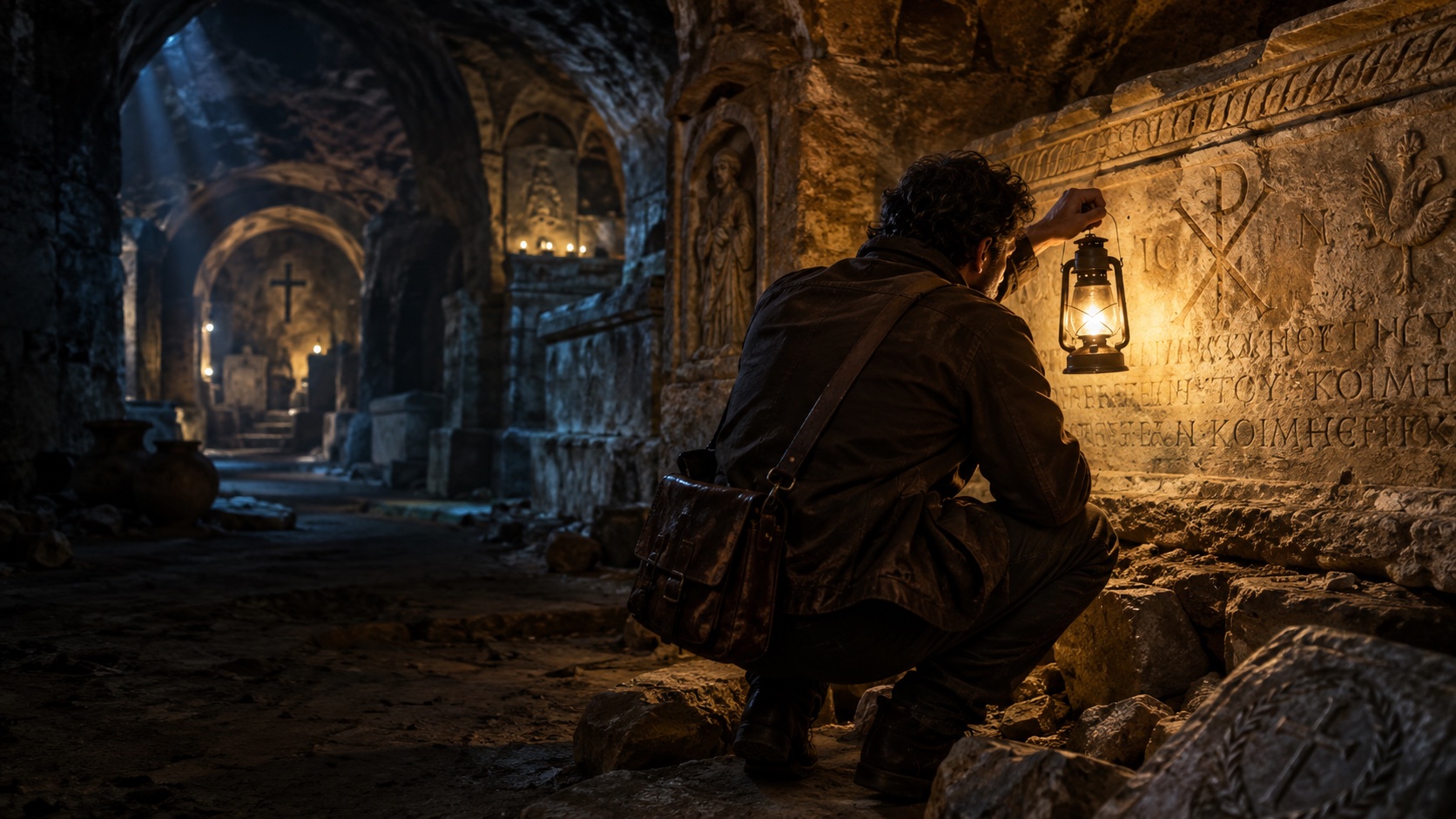 Christian examines an inscribed stone in a lantern-lit tomb, an artistic scene of digital discovery