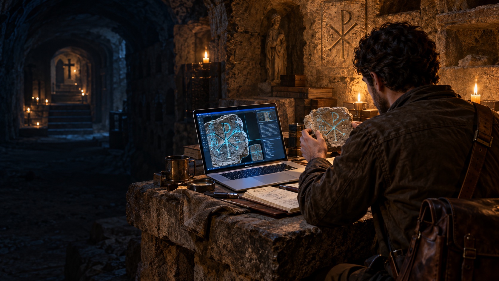 An imagined MacBook research station compares an inscription photograph with AI-assisted character analysis