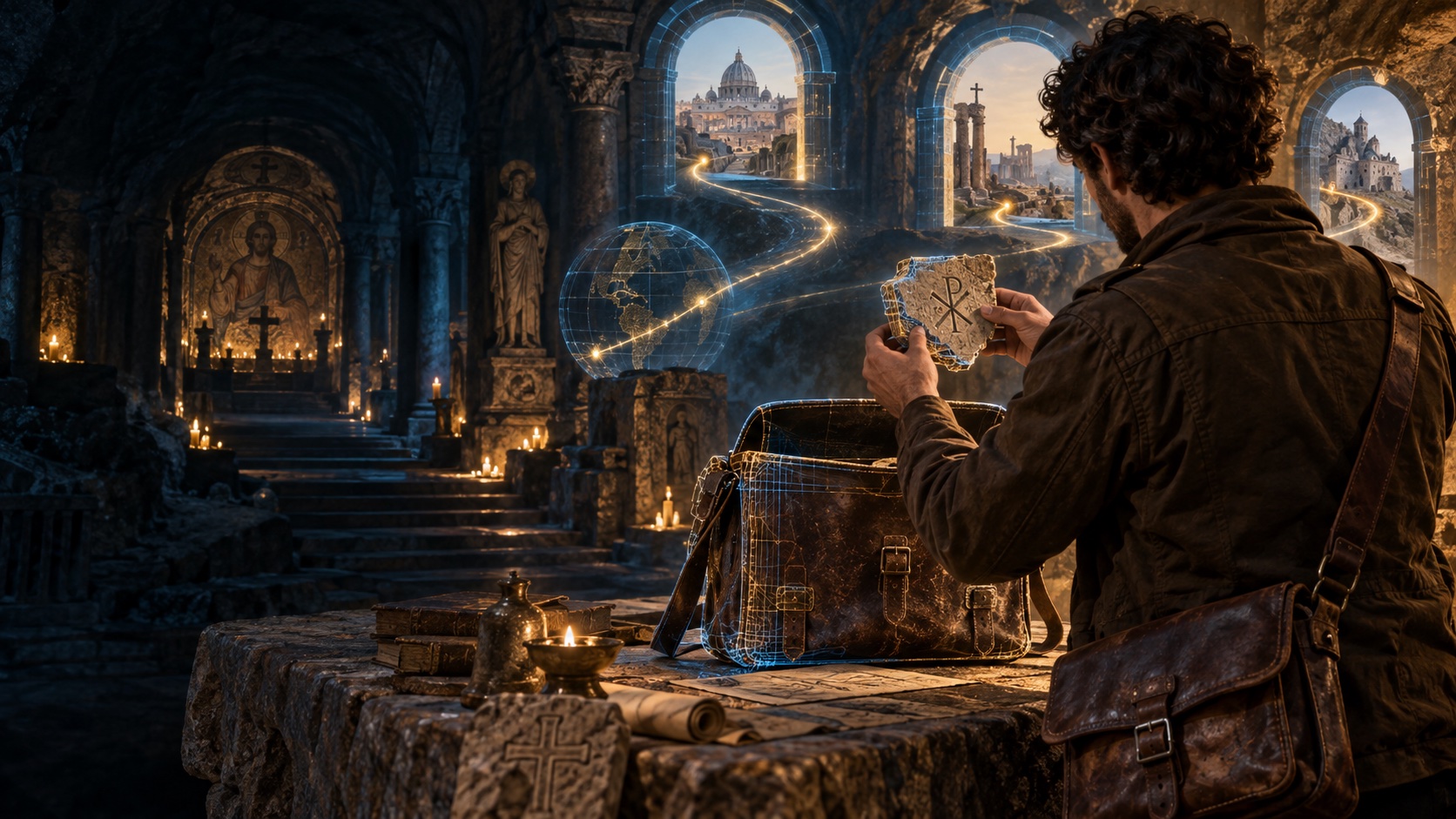 Christian gathers a glowing digital reconstruction of an inscribed fragment into his explorer's bag