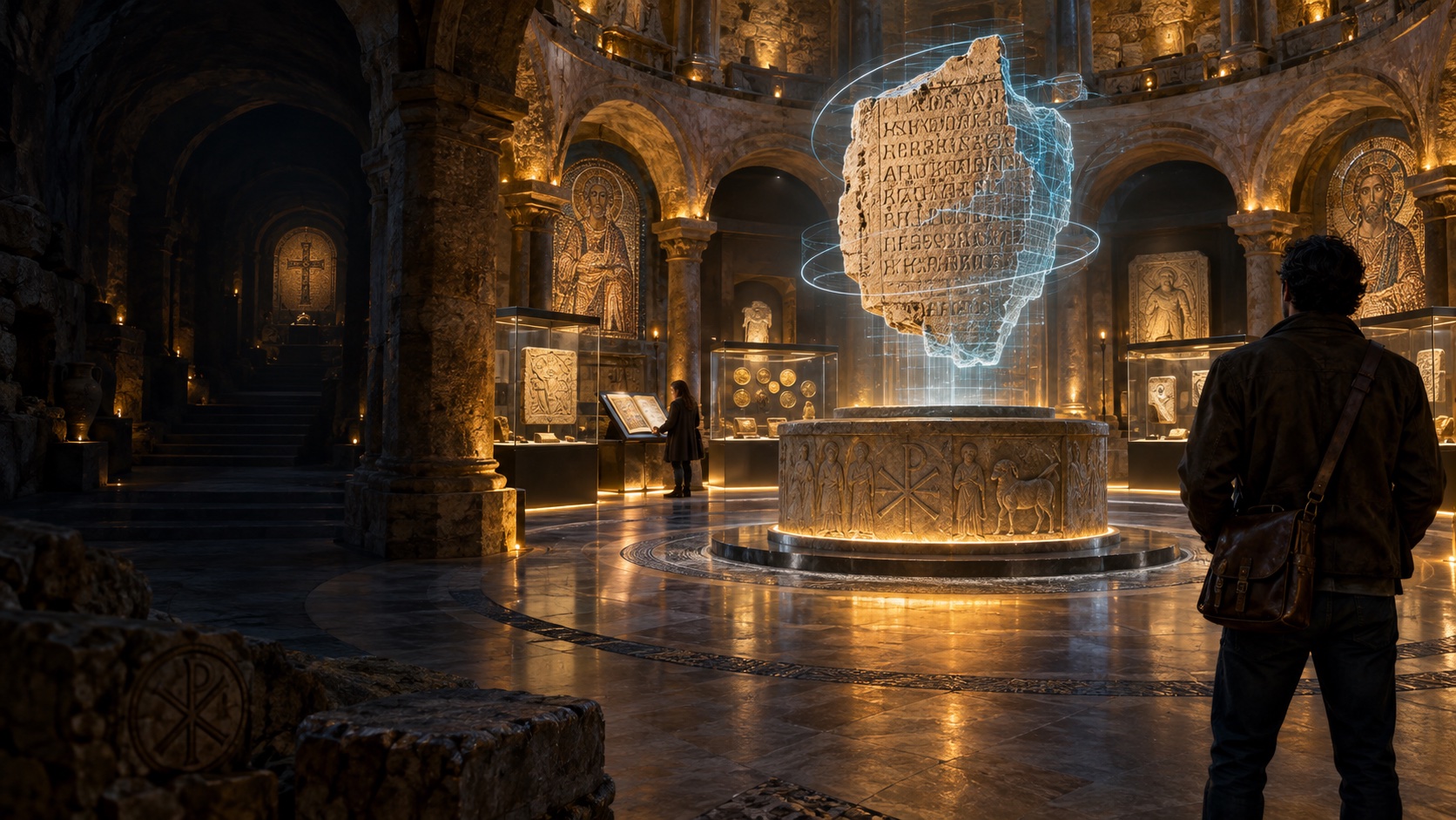 An envisioned spatial Codex gallery displays rotating digital inscriptions in a golden museum chamber
