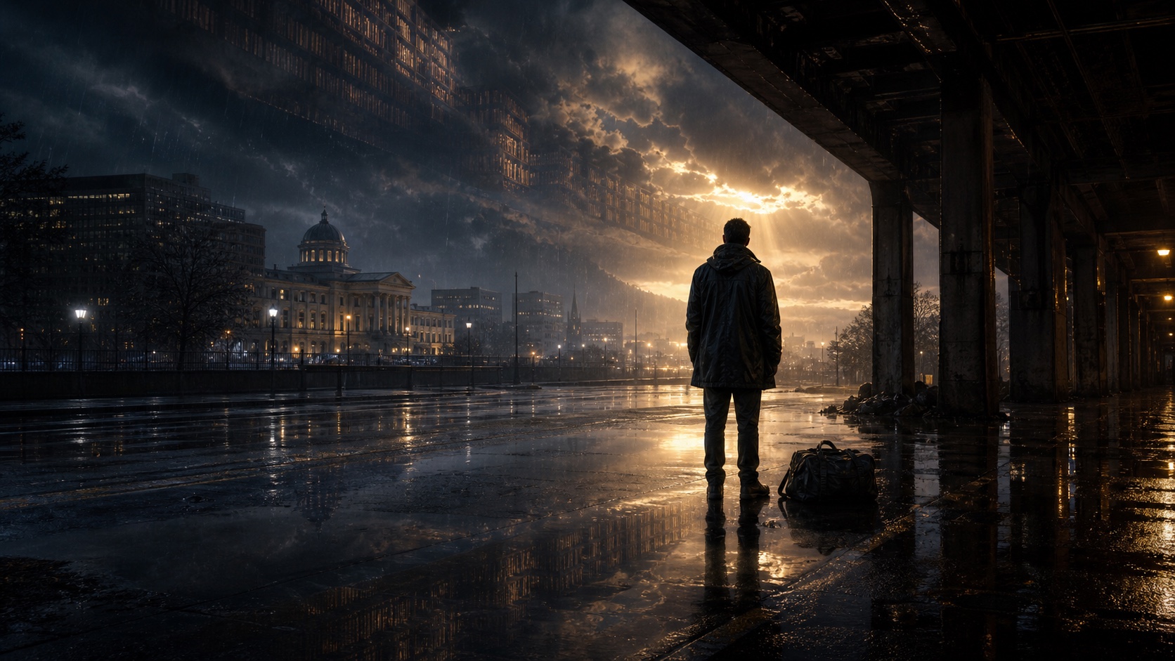 A lone man beneath an overpass faces a break in the storm