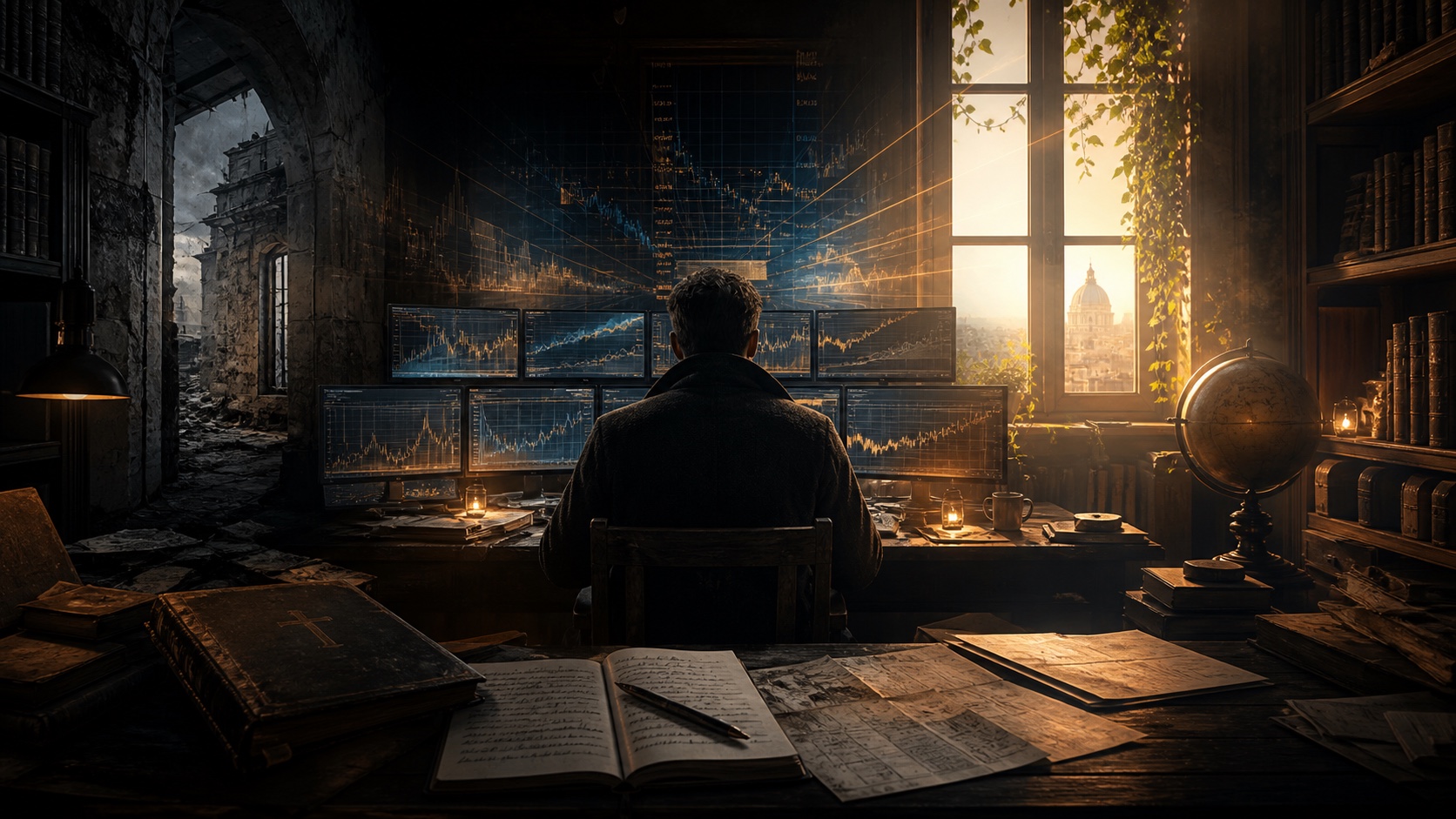 A solitary investor studies market screens as dawn reaches a room of books