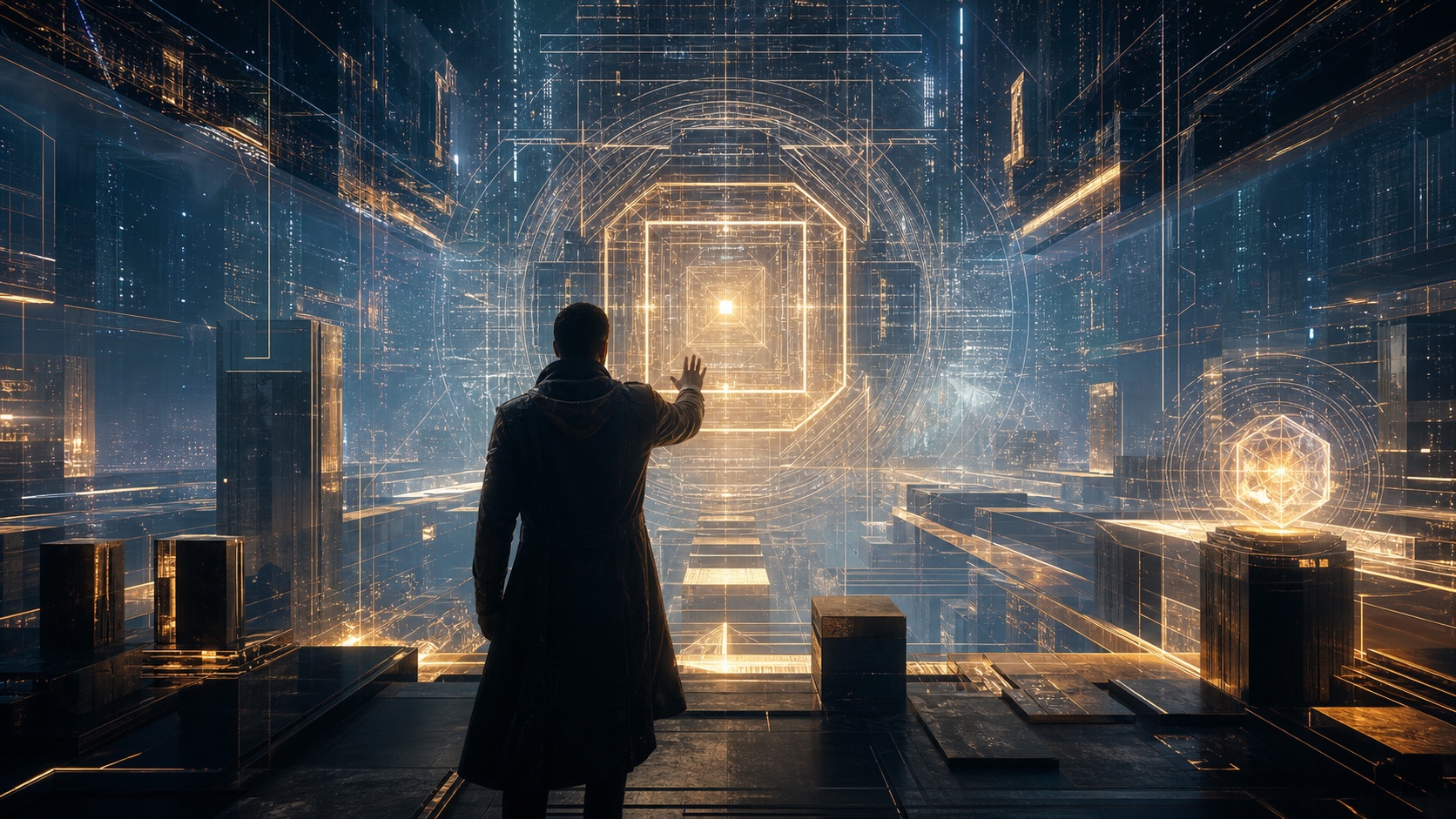 A builder reaches into a vast luminous software architecture