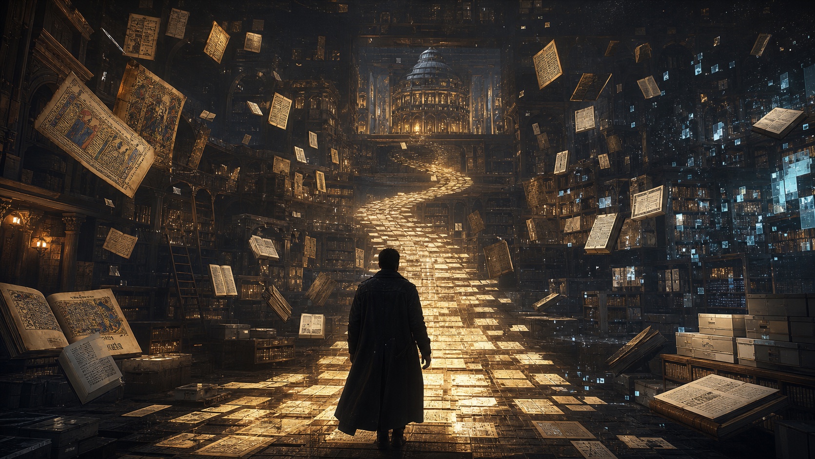 Ancient books and digital records converge into a golden path through an imagined archive
