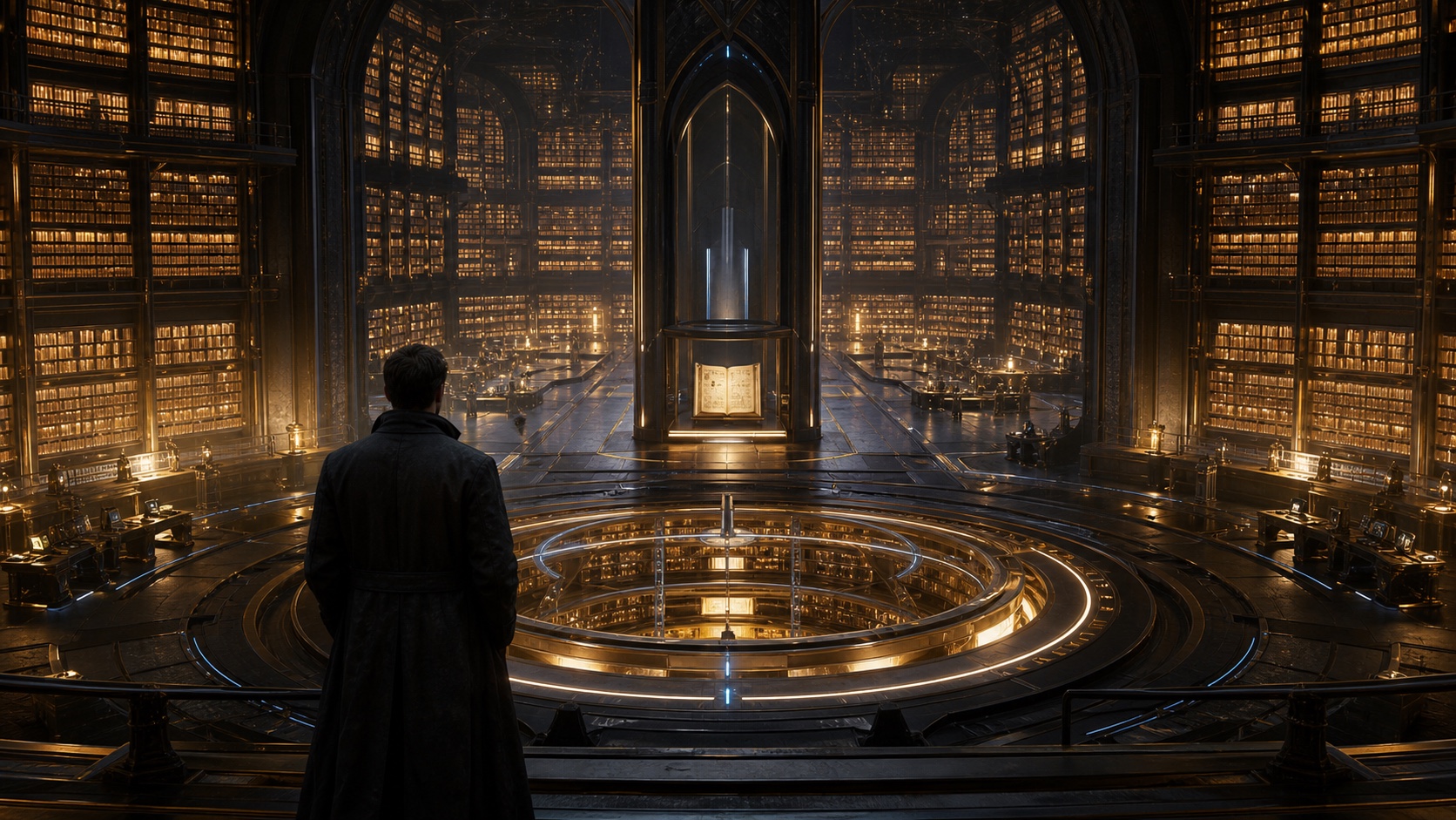 A cinematic visualization of the immense digital Codex as a secure illuminated library