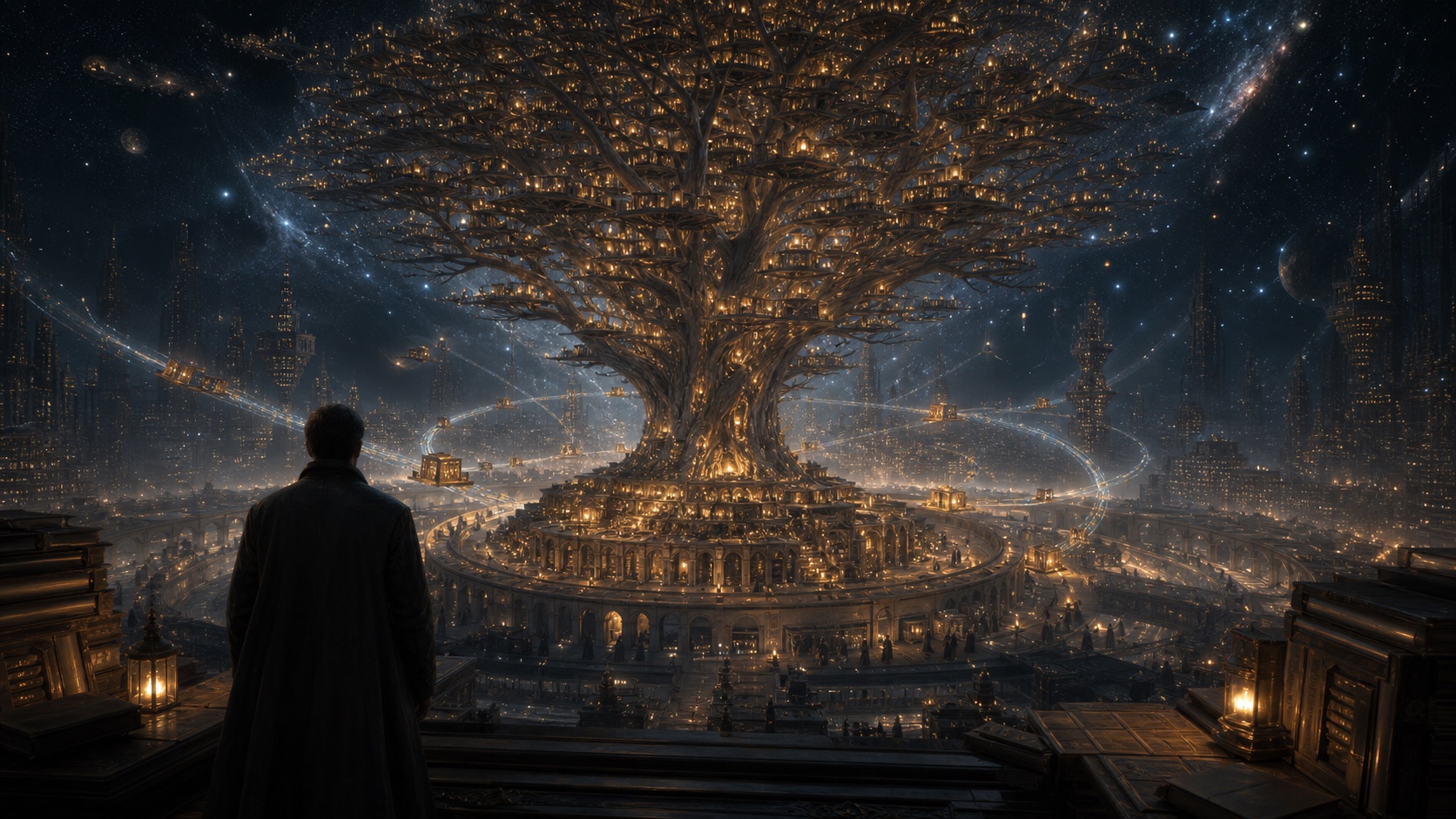 A vast tree of illuminated books grows from a secure digital archive